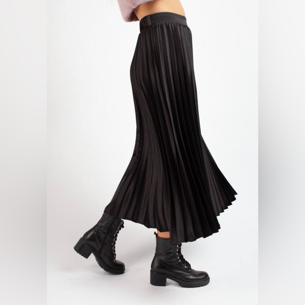 Pleated Satin Midi Skirt
